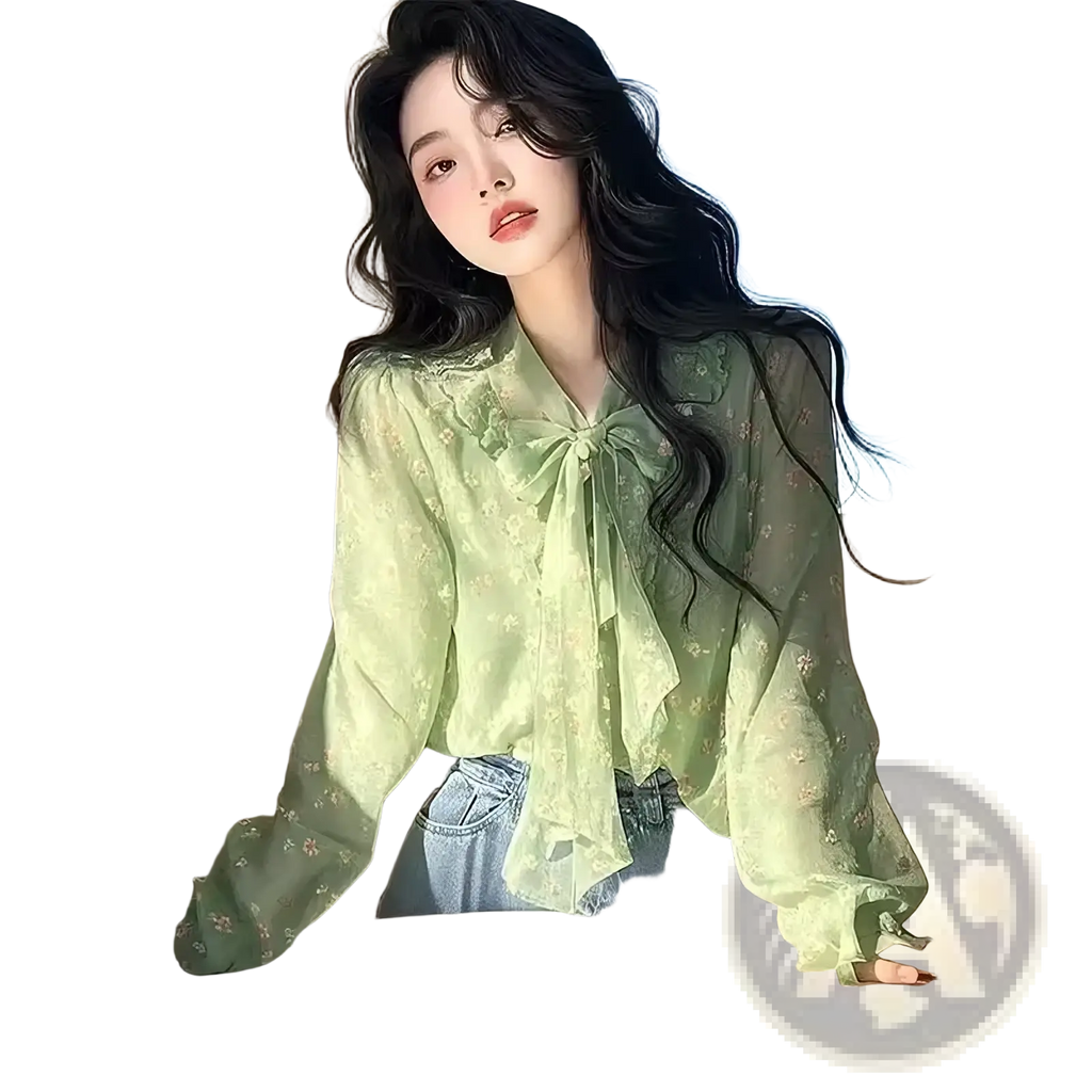 A delicate mint green sheer blouse with floral lace pattern and a bow at the neckline for elegant wear