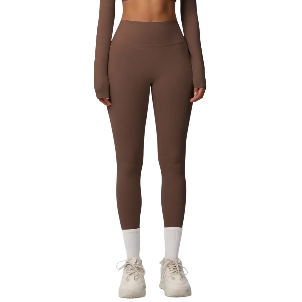 Brown high-waisted seamless leggings with smooth stretchy fabric featured in mint green high waist yoga leggings product
