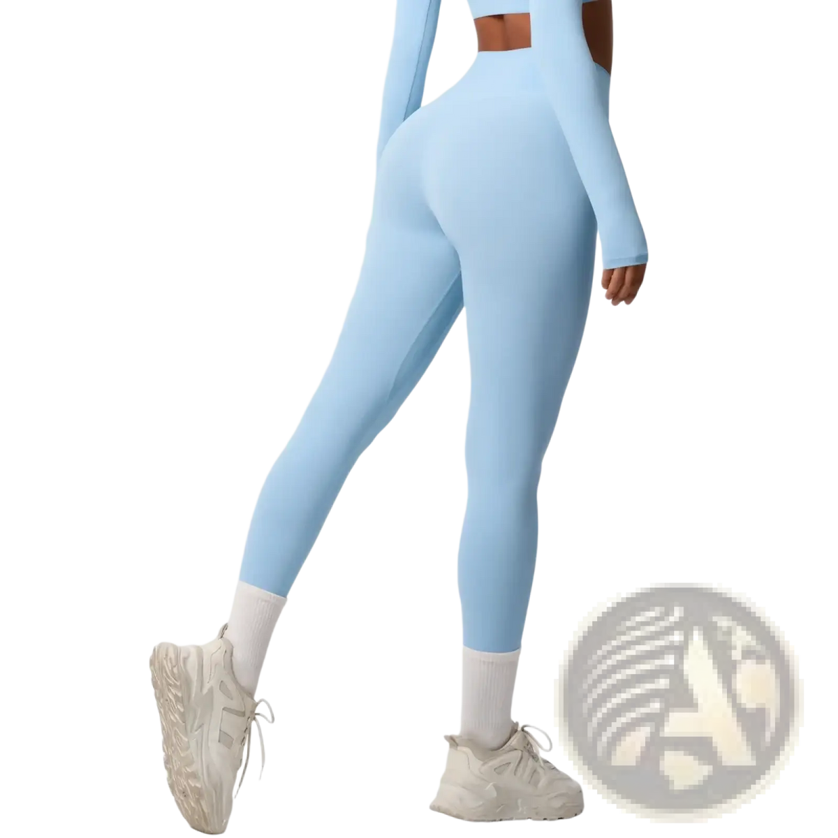 Light blue high waist yoga leggings with long sleeves and side seam cutout for flexible activewear use