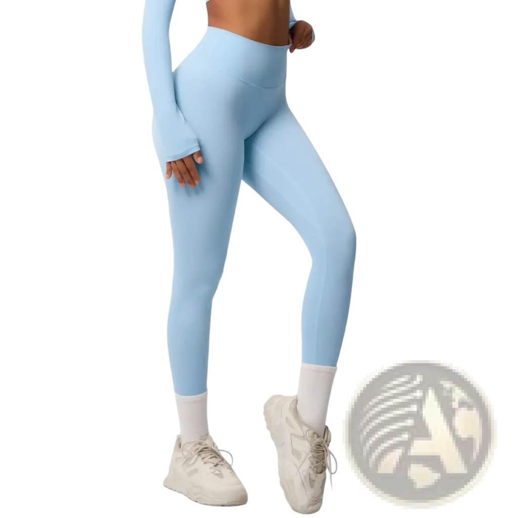 Mint green high waist yoga leggings made of smooth, form-fitting stretch fabric in light blue color