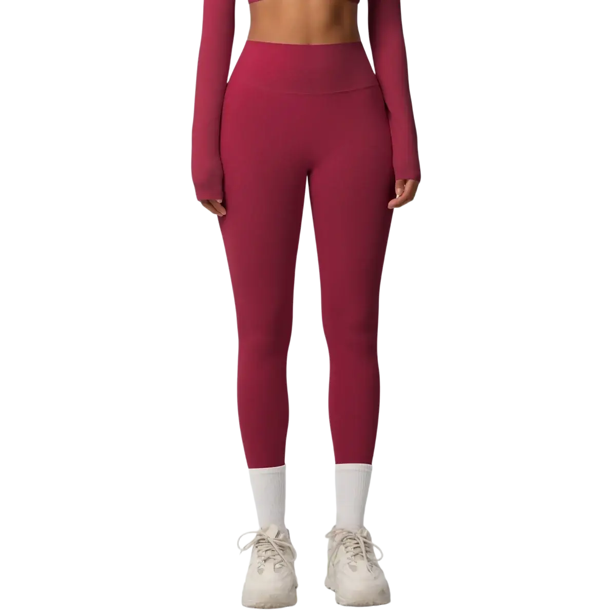 A pair of maroon high waist form-fitting leggings made from stretchy athletic fabric for yoga and fitness