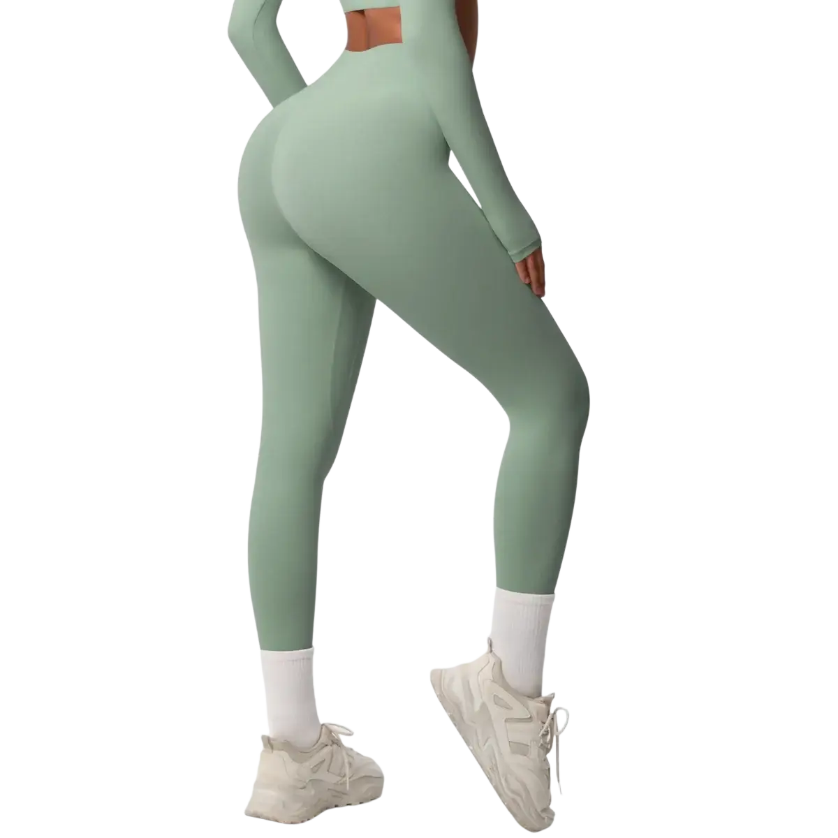 Mint green high waist yoga leggings featuring a seamless, form-fitting design ideal for activewear