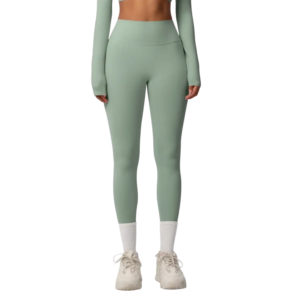 Mint green high waist yoga leggings with smooth stretchy fabric and long sleeves for comfortable activewear