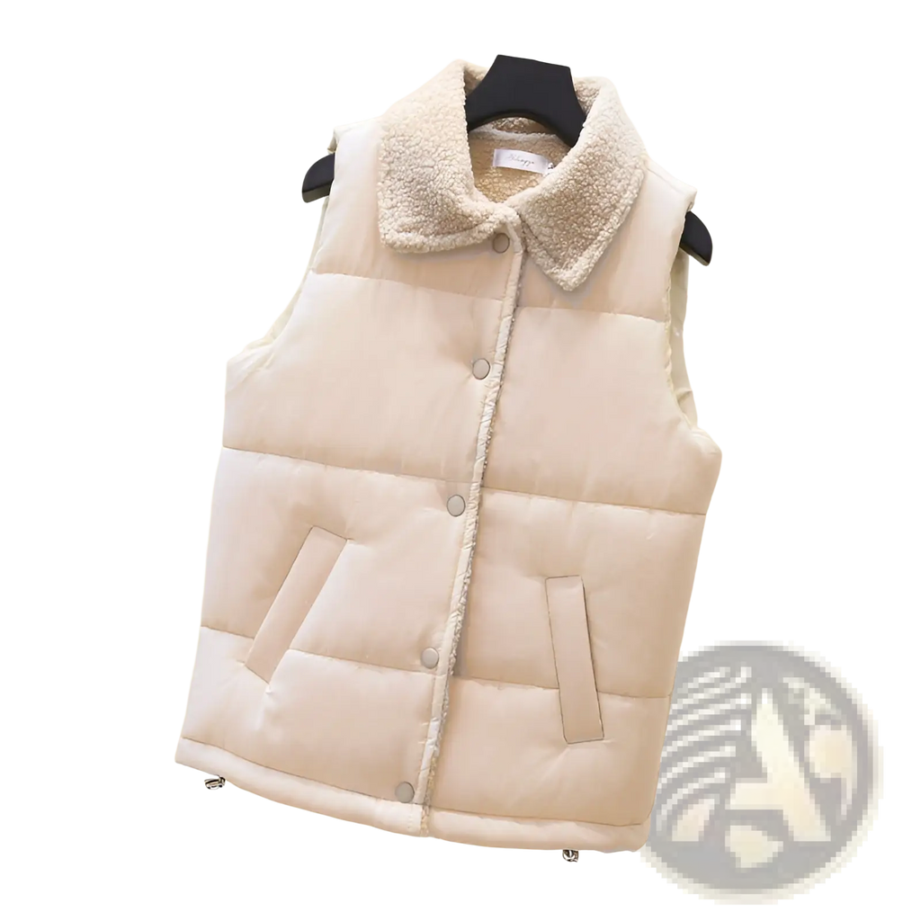 Beige quilted vest for women with plush cream shearling collar and front button closure in a mint green style