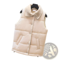 Beige quilted vest for women with plush cream shearling collar and front button closure in a mint green style