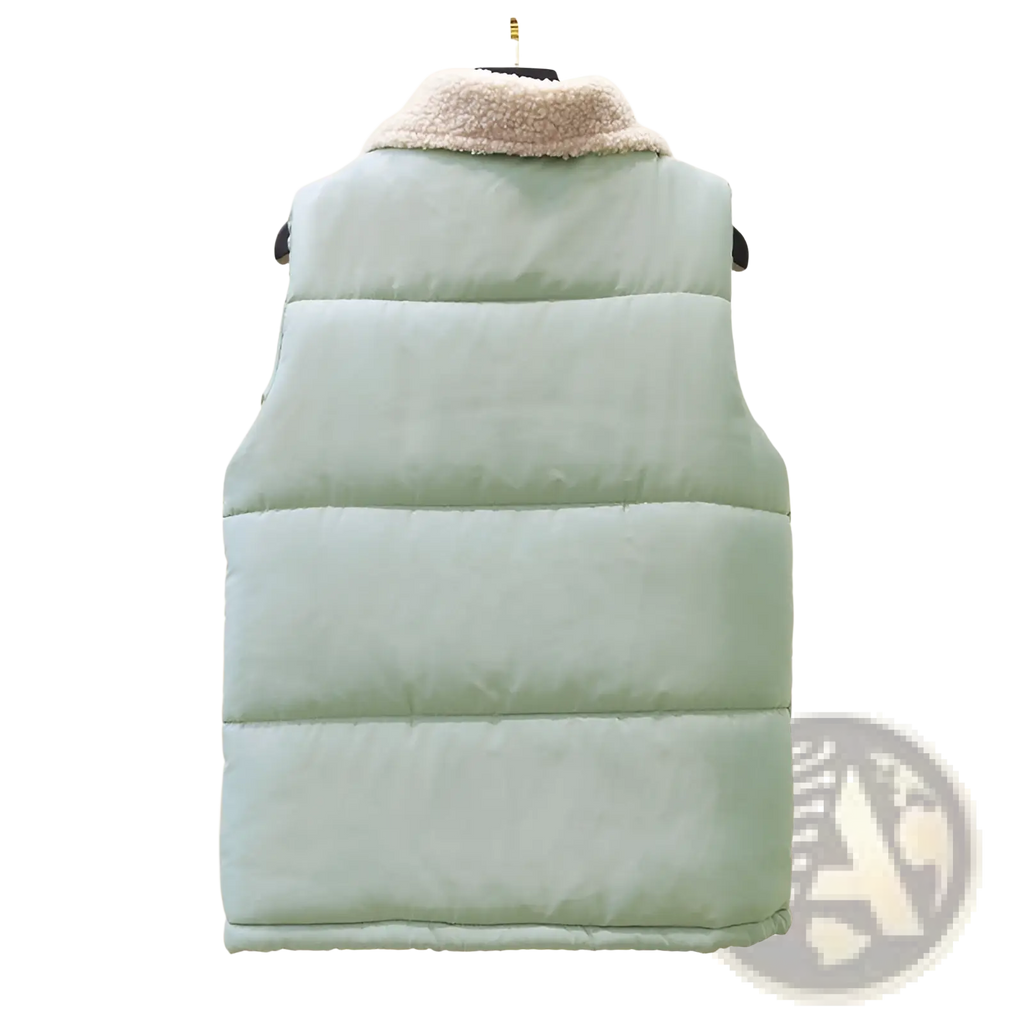 A mint green quilted shearling vest for women with a plush beige fleece collar and warm layered design