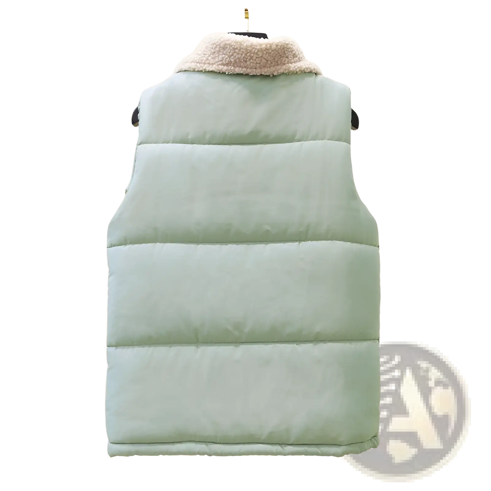 A mint green quilted shearling vest for women with a plush beige fleece collar and warm layered design