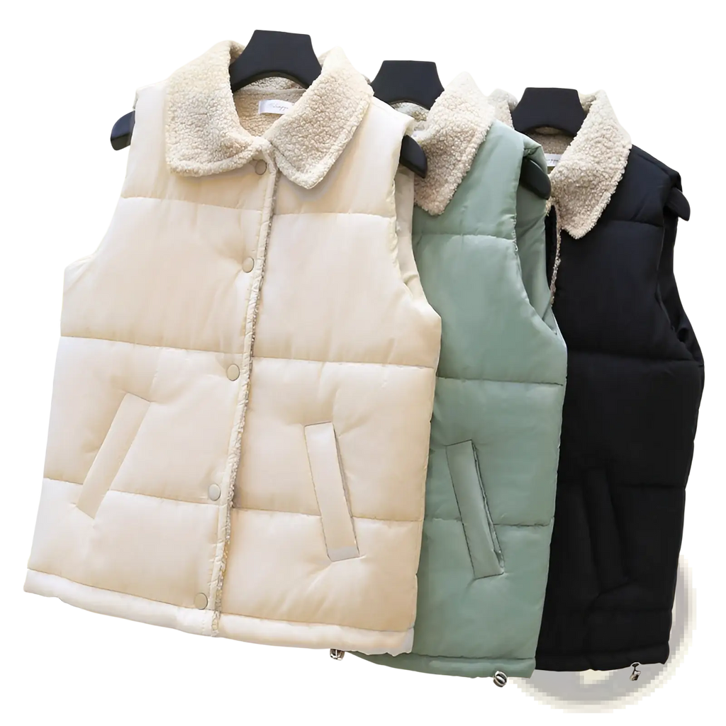 Three quilted sleeveless vests for women in cream sage green and black with plush beige shearling collar and button closure
