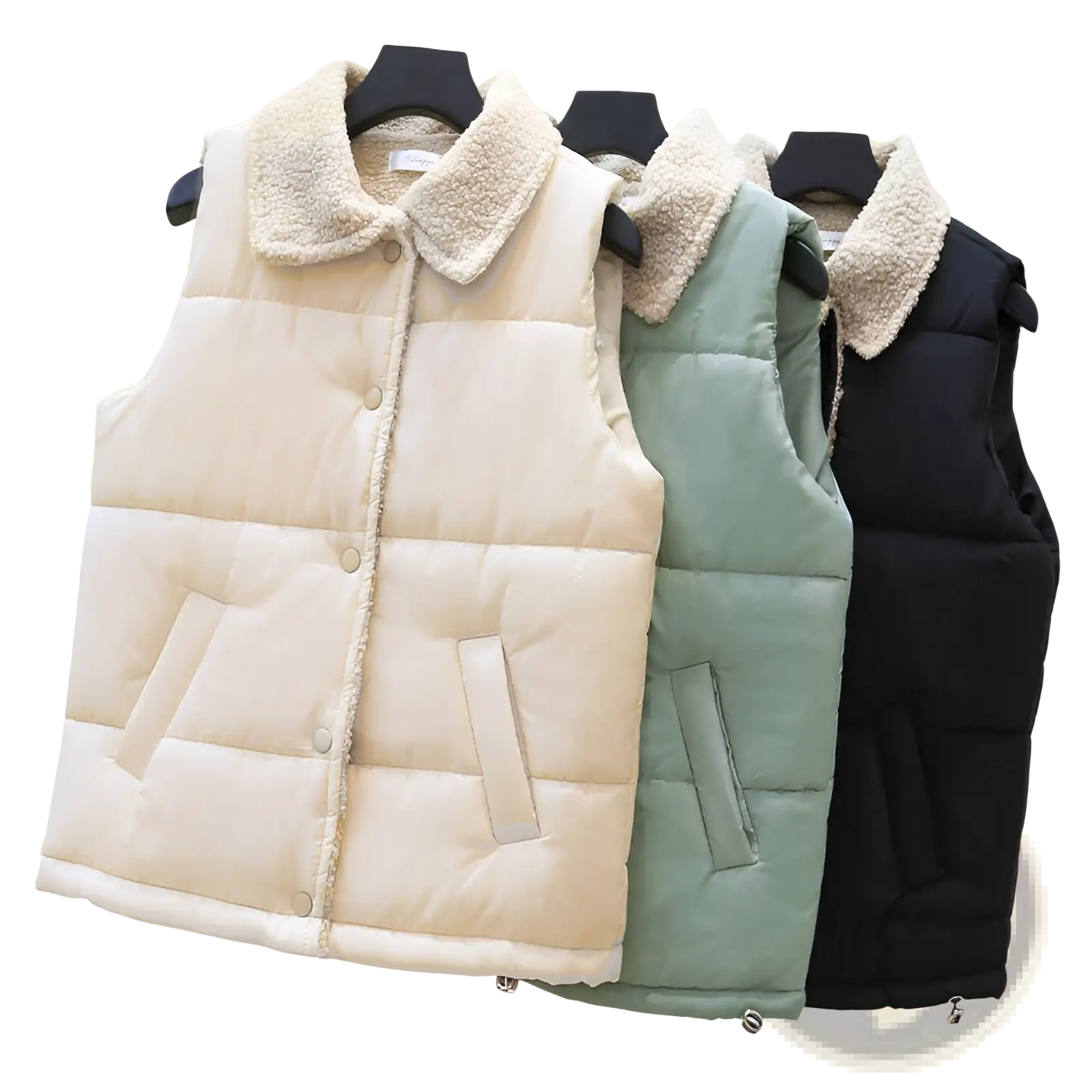 Three quilted sleeveless vests for women in cream sage green and black with plush beige shearling collar and button closure