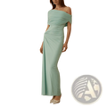 A mint green off-shoulder pleated maxi gown with ruched detailing and a flowing silhouette