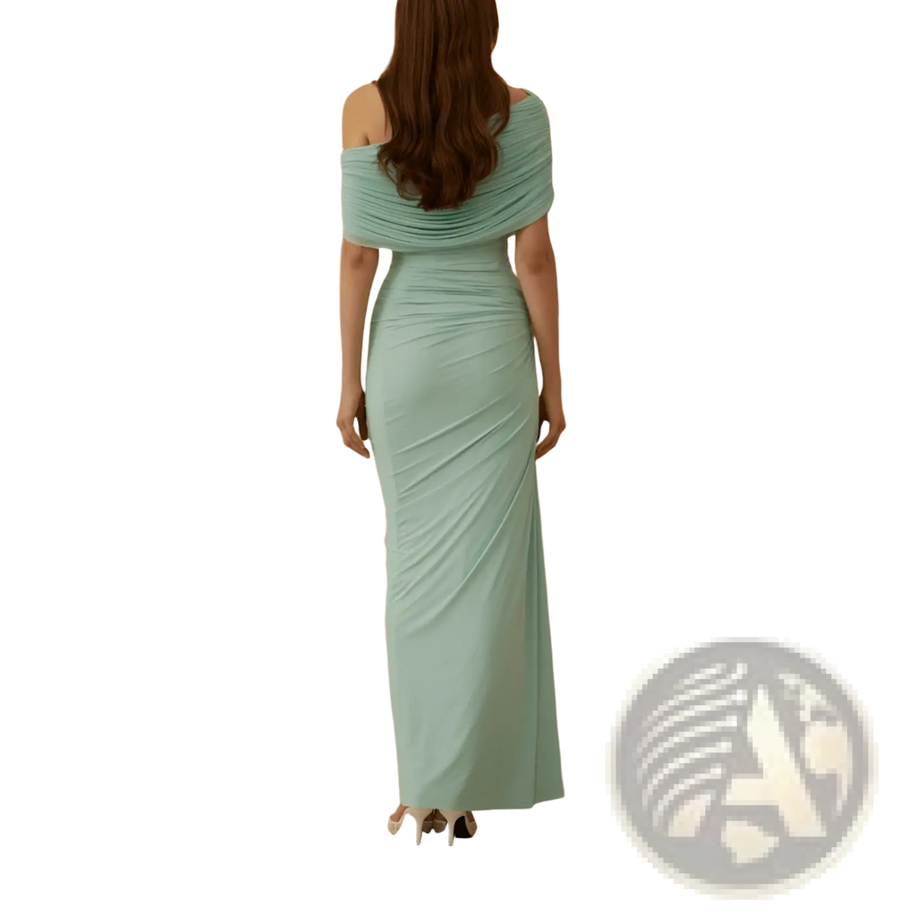 A flowing mint green off-shoulder pleated maxi gown with ruched detailing and a sleek form-fitting silhouette