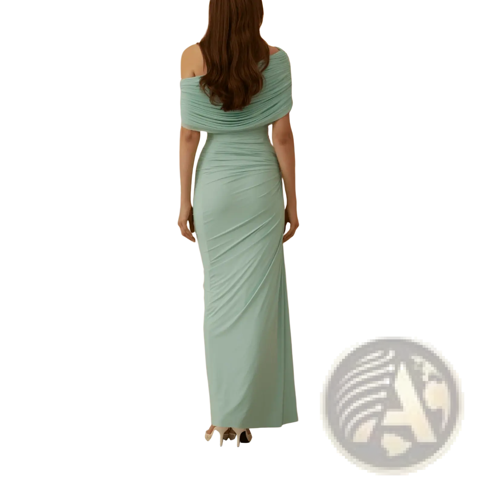 A flowing mint green off-shoulder pleated maxi gown with ruched detailing and a sleek form-fitting silhouette