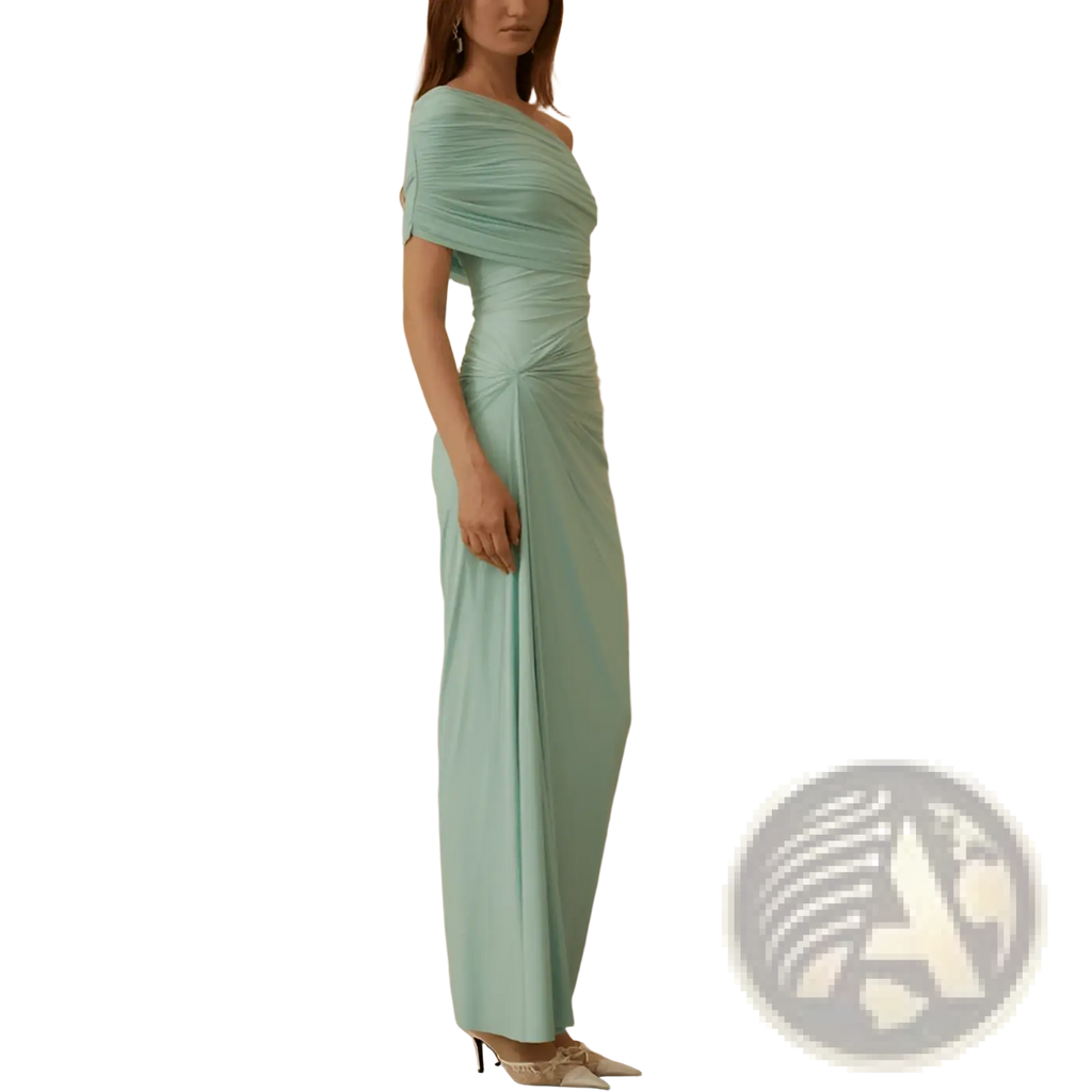 A flowing mint green off-shoulder pleated maxi gown with ruched detailing and an elegant sleek silhouette