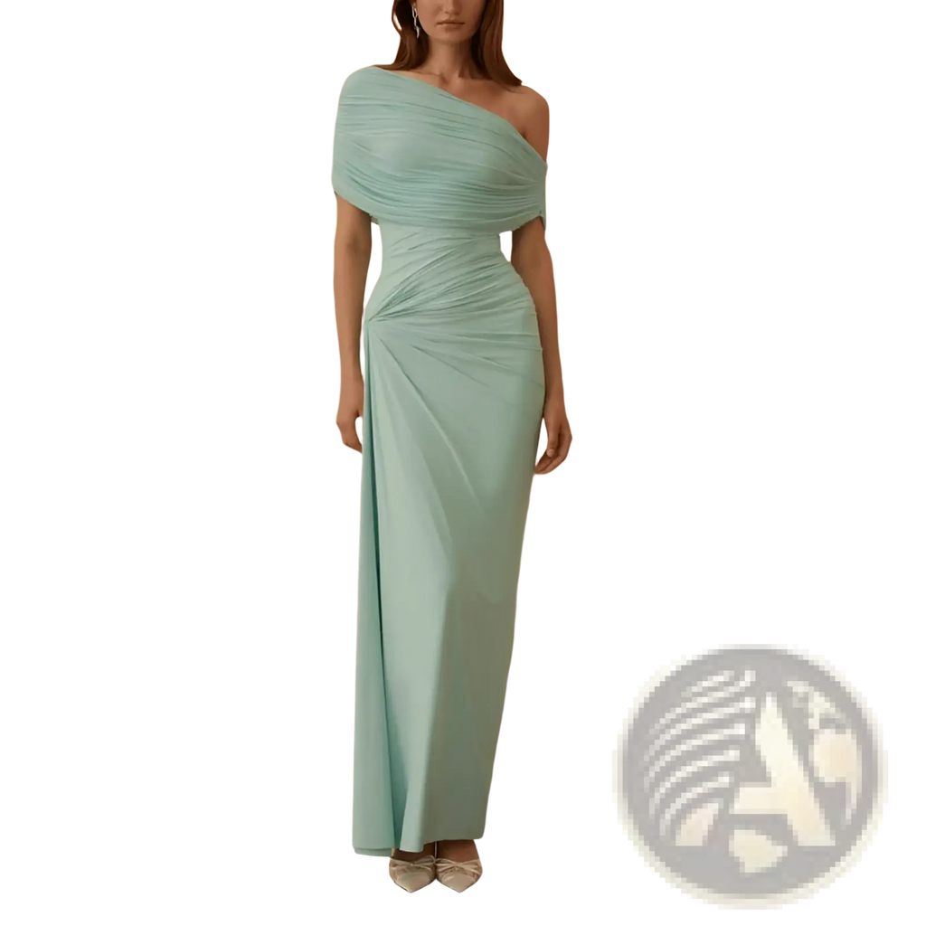 A sleek mint green off-shoulder pleated maxi gown with draped fabric and a fitted silhouette