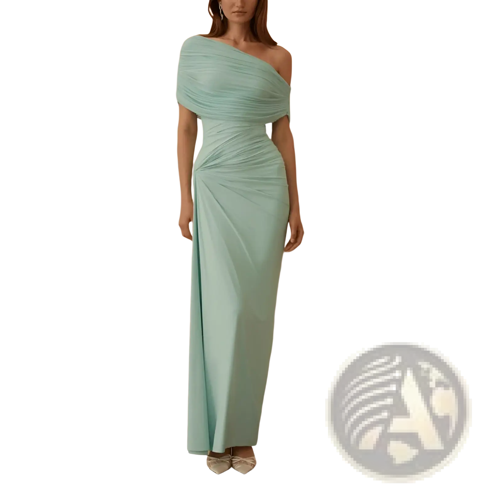 A sleek mint green off-shoulder pleated maxi gown with draped fabric and a fitted silhouette