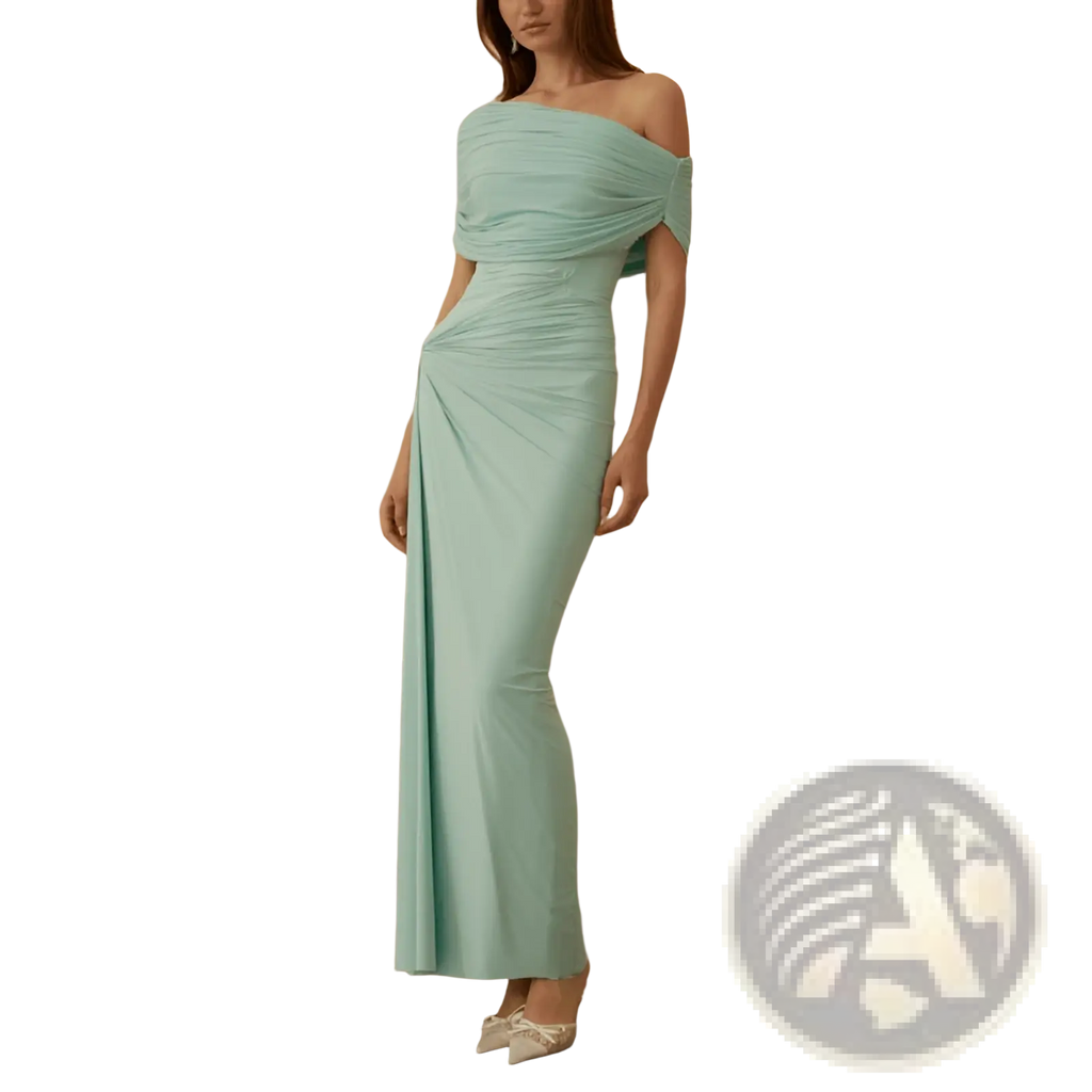 A sleek mint green off shoulder pleated maxi gown with ruched detailing and a high slit