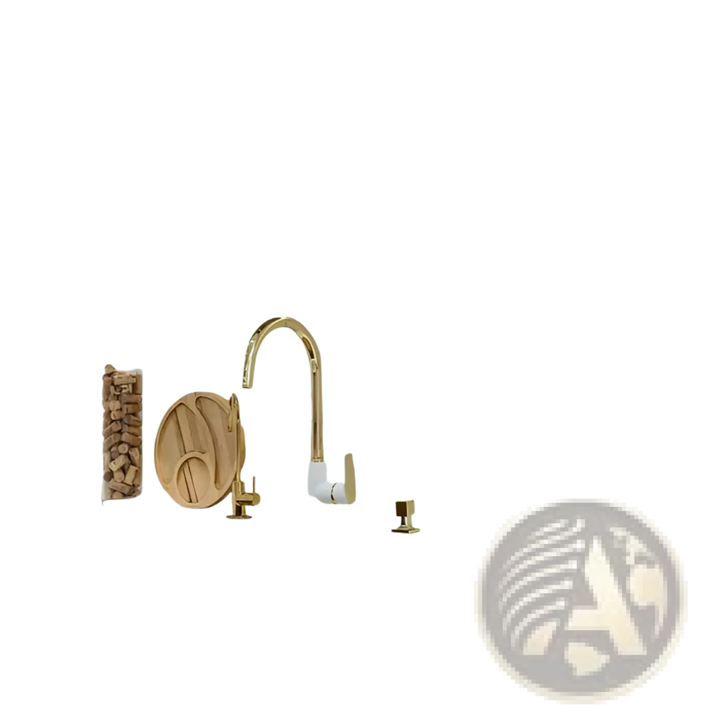 Gold-finished kitchen faucet with curved spout and handles on white countertop paired with mint green subway peel and stick wall tiles