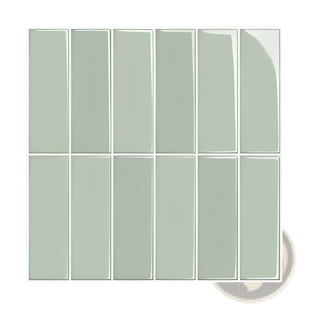 Set of twelve rectangular glossy sage green glass subway peel and stick wall tiles arranged in a grid pattern