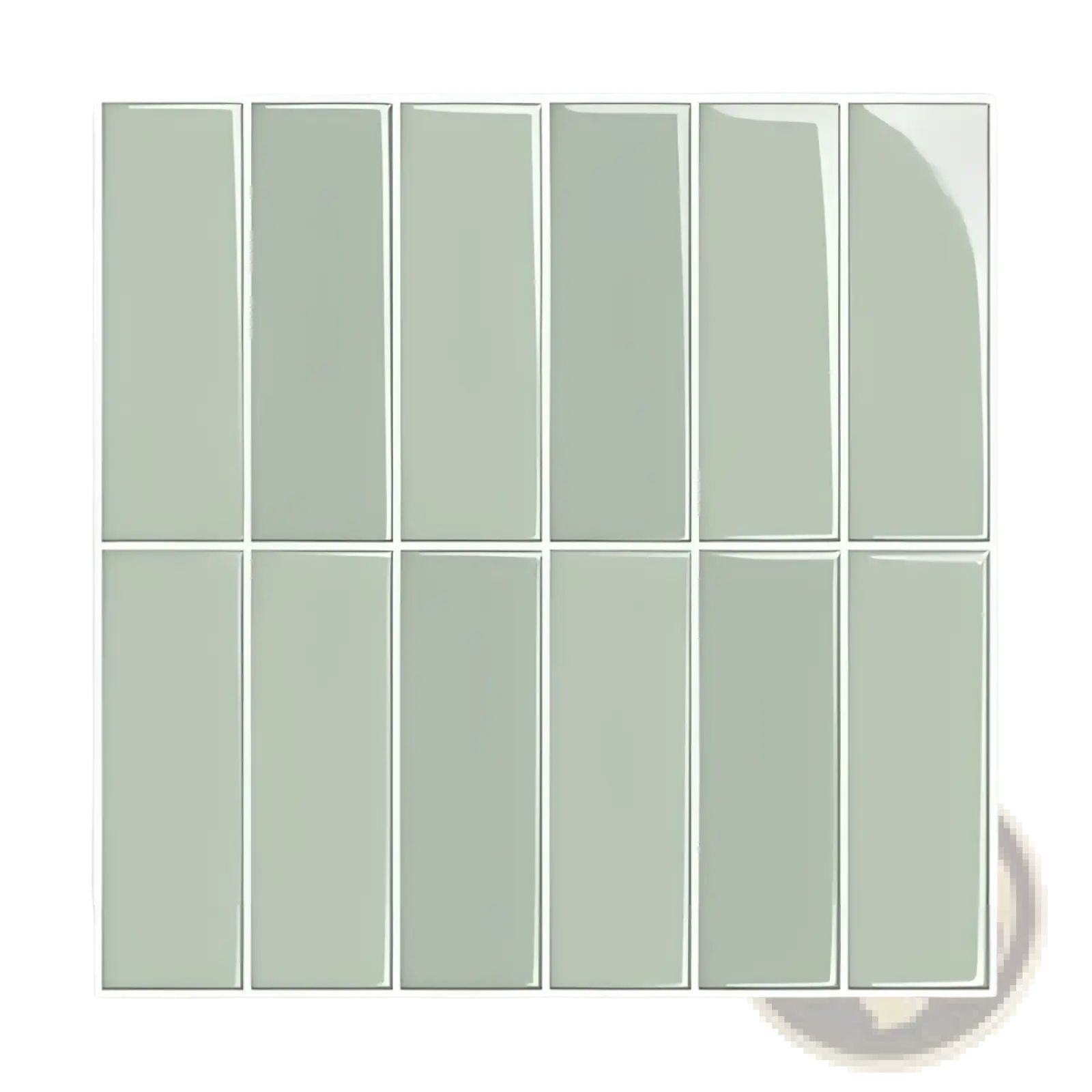 Set of twelve rectangular glossy sage green glass subway peel and stick wall tiles arranged in a grid pattern