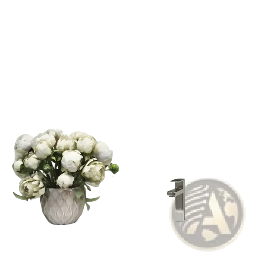 A white ceramic vase with a textured diamond pattern holds white peonies next to mint green subway peel and stick tiles