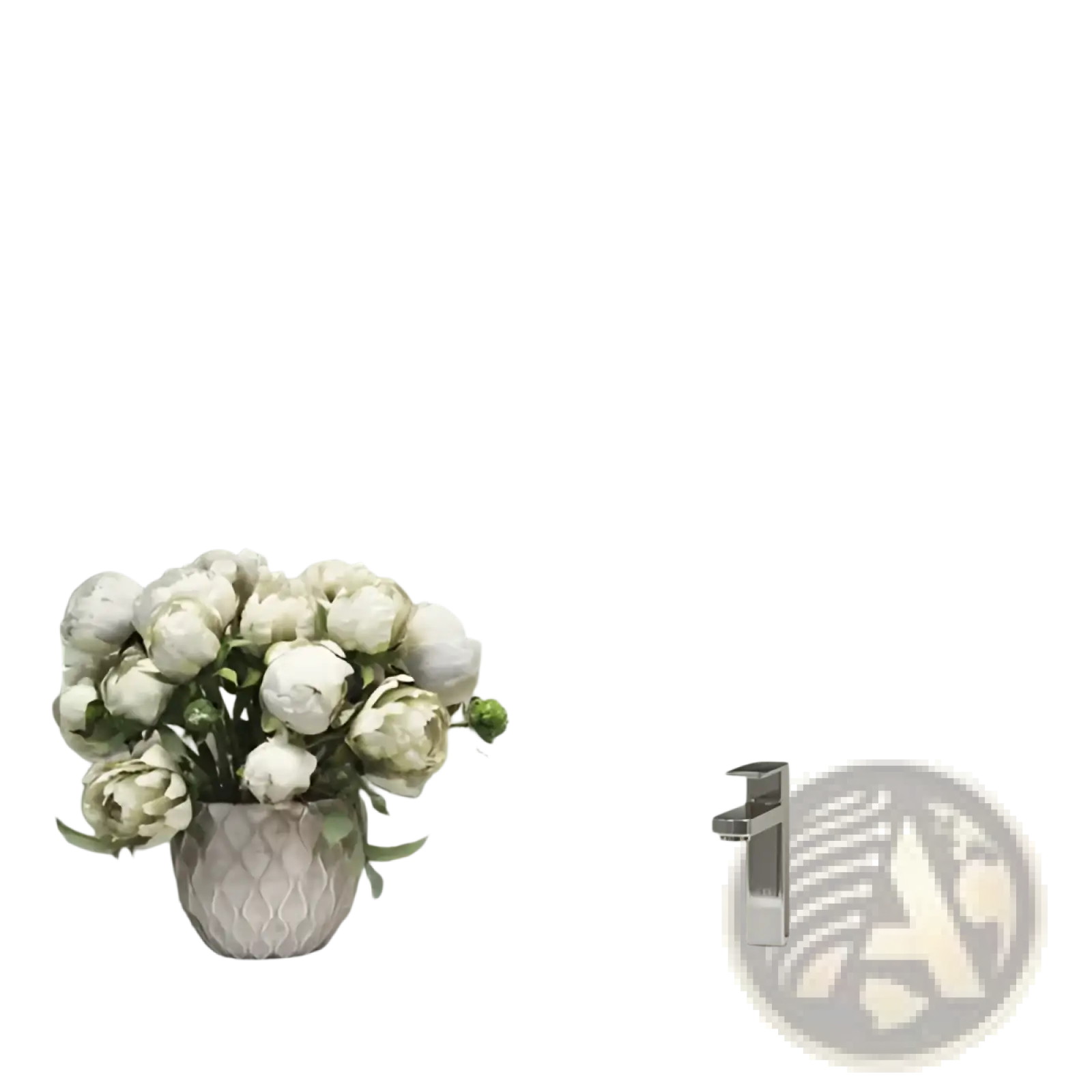 A white ceramic vase with a textured diamond pattern holds white peonies next to mint green subway peel and stick tiles