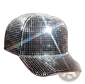 Mirror ball peaked cap in silver with a shimmering reflective mirrored grid pattern for disco party wear
