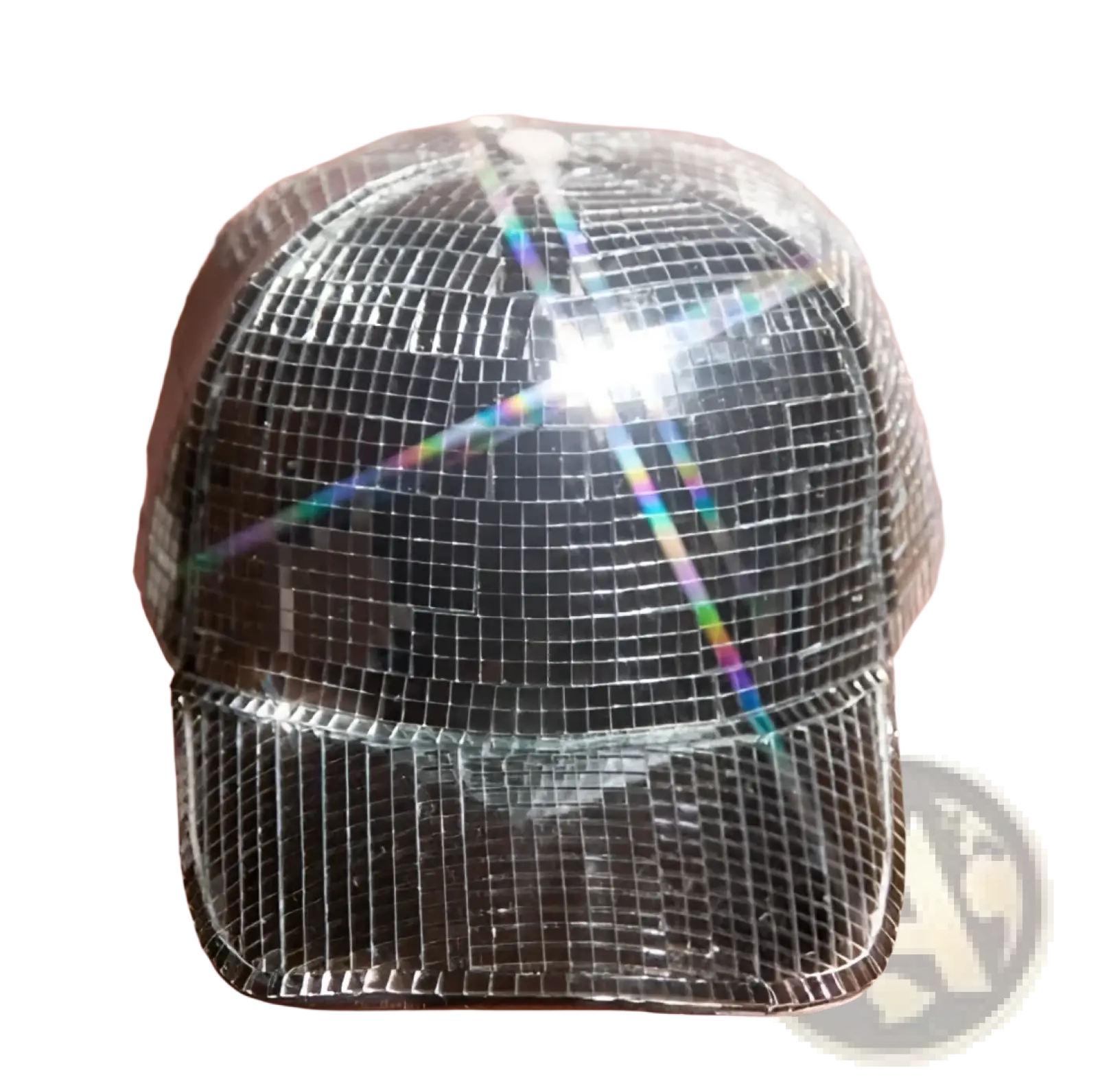 Mirror ball peaked cap in silver with a reflective grid surface that refracts light into rainbow hues for parties