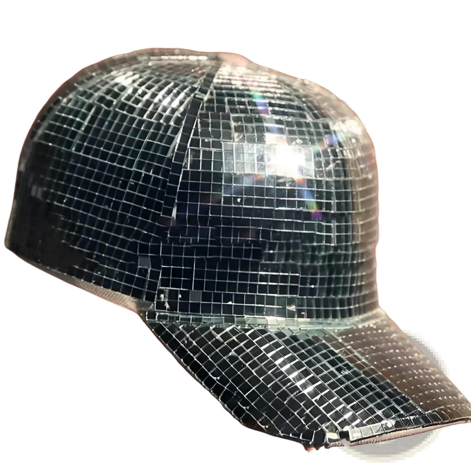 Shiny silver disco party cap featuring a reflective mirrored tile design in a peaked mirror ball style