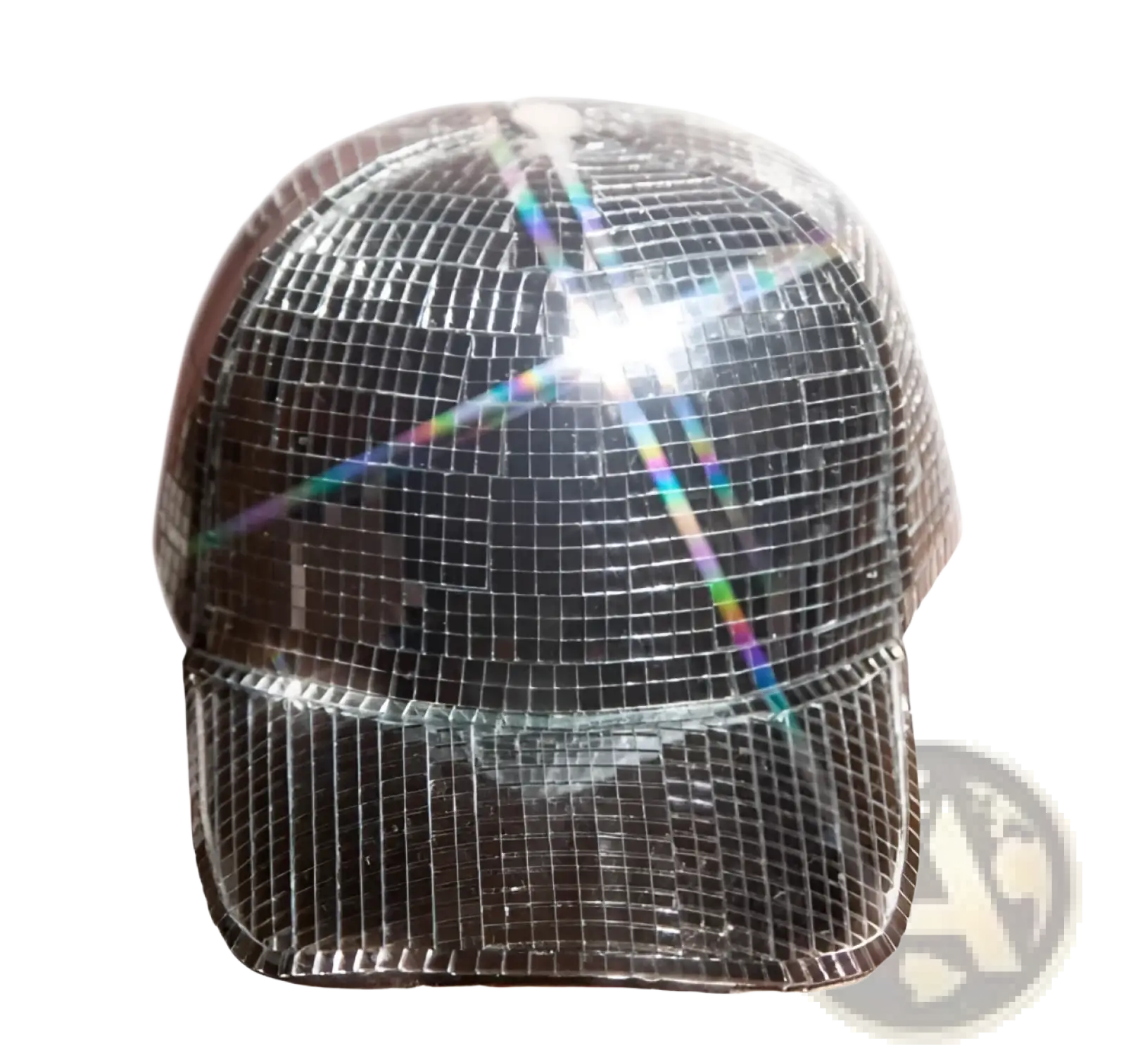 Mirror ball peaked cap silver disco party hat with shimmering silver reflective tiles refracting rainbow light