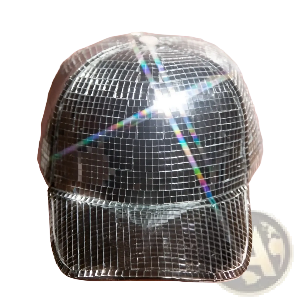 Mirror ball peaked cap with a shimmering silver reflective grid surface that refracts light into rainbow hues for parties