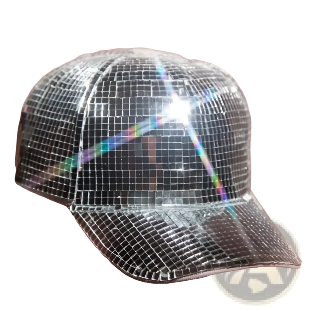 Silver disco party peaked cap featuring a shimmering mirrored grid pattern resembling a disco ball