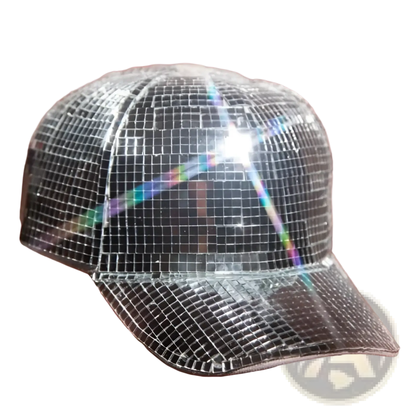 Silver disco party peaked cap featuring a shimmering mirrored grid pattern resembling a disco ball