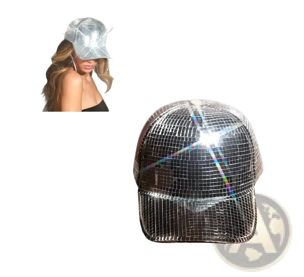 Mirror ball peaked cap with a shimmering silver mirrored surface and structured brim for disco party wear