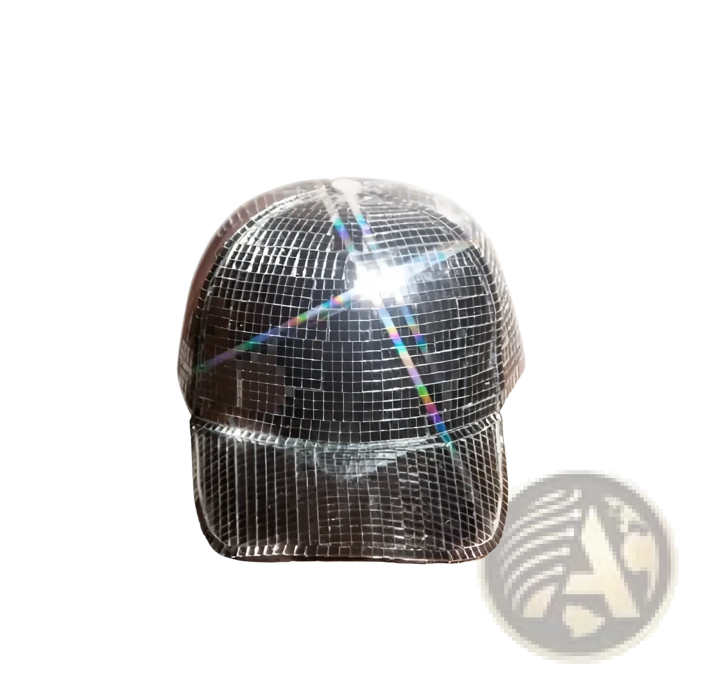 Mirror ball peaked cap in shiny black with a reflective grid surface ideal for silver disco party wear