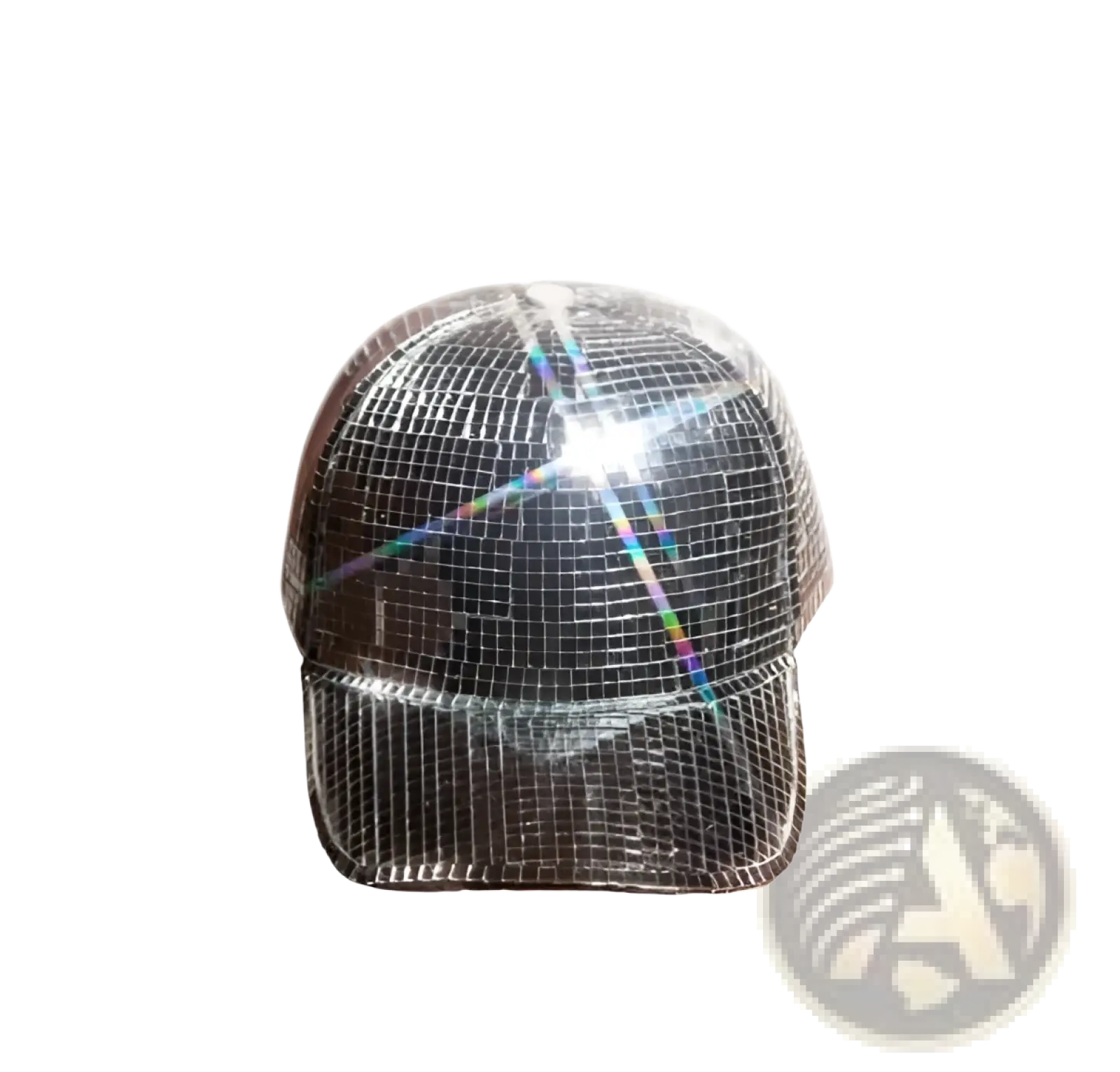 Mirror ball peaked cap in shiny black with a reflective grid surface ideal for silver disco party wear