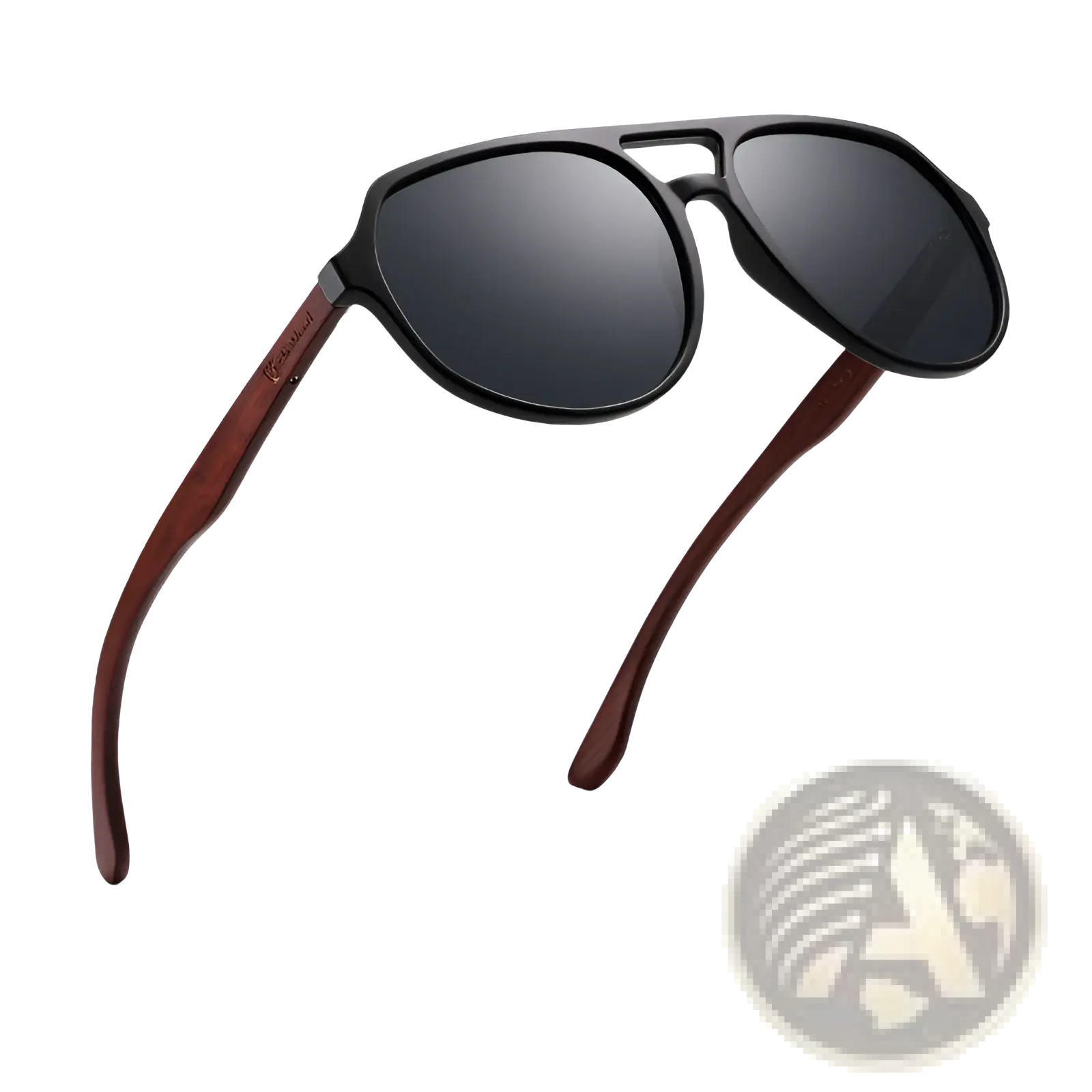 Black and brown aviator sunglasses with mirror lens and wood temples featuring dark gray lenses