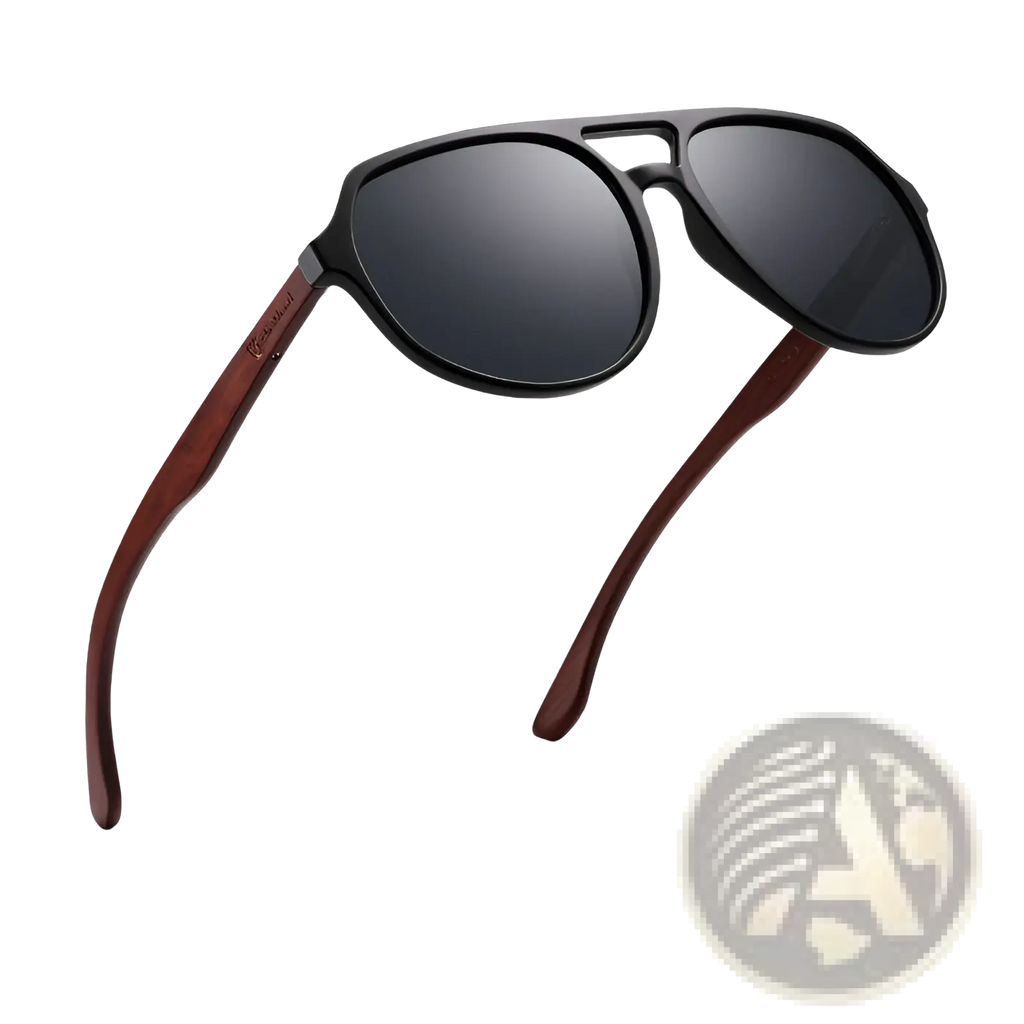 Black and brown aviator sunglasses with mirror lens and wood temples featuring dark gray lenses