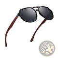 Black and brown aviator sunglasses with mirror lens and wood temples featuring dark gray lenses