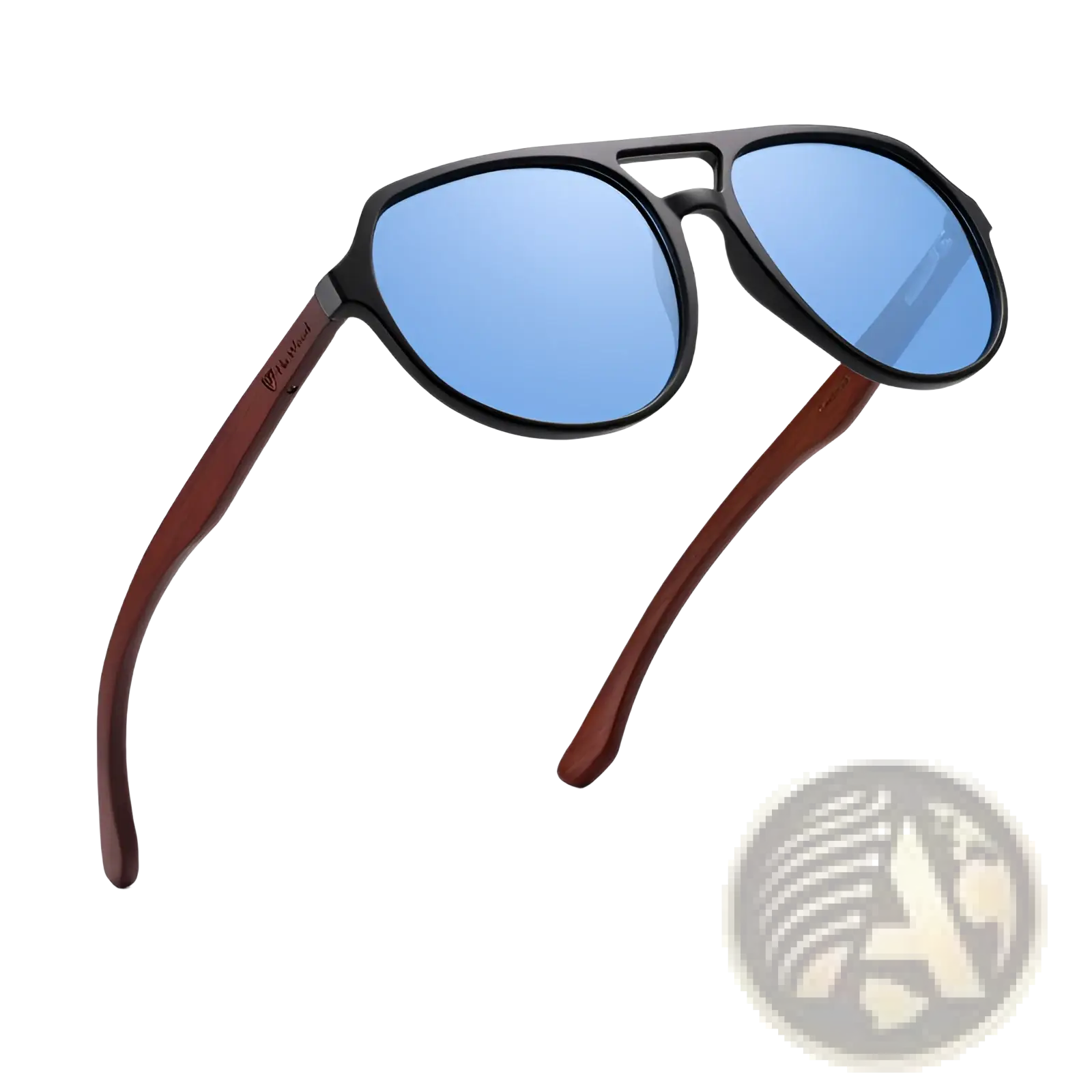 Black-framed aviator sunglasses with blue mirrored lenses and wooden temple arms for stylish sun protection