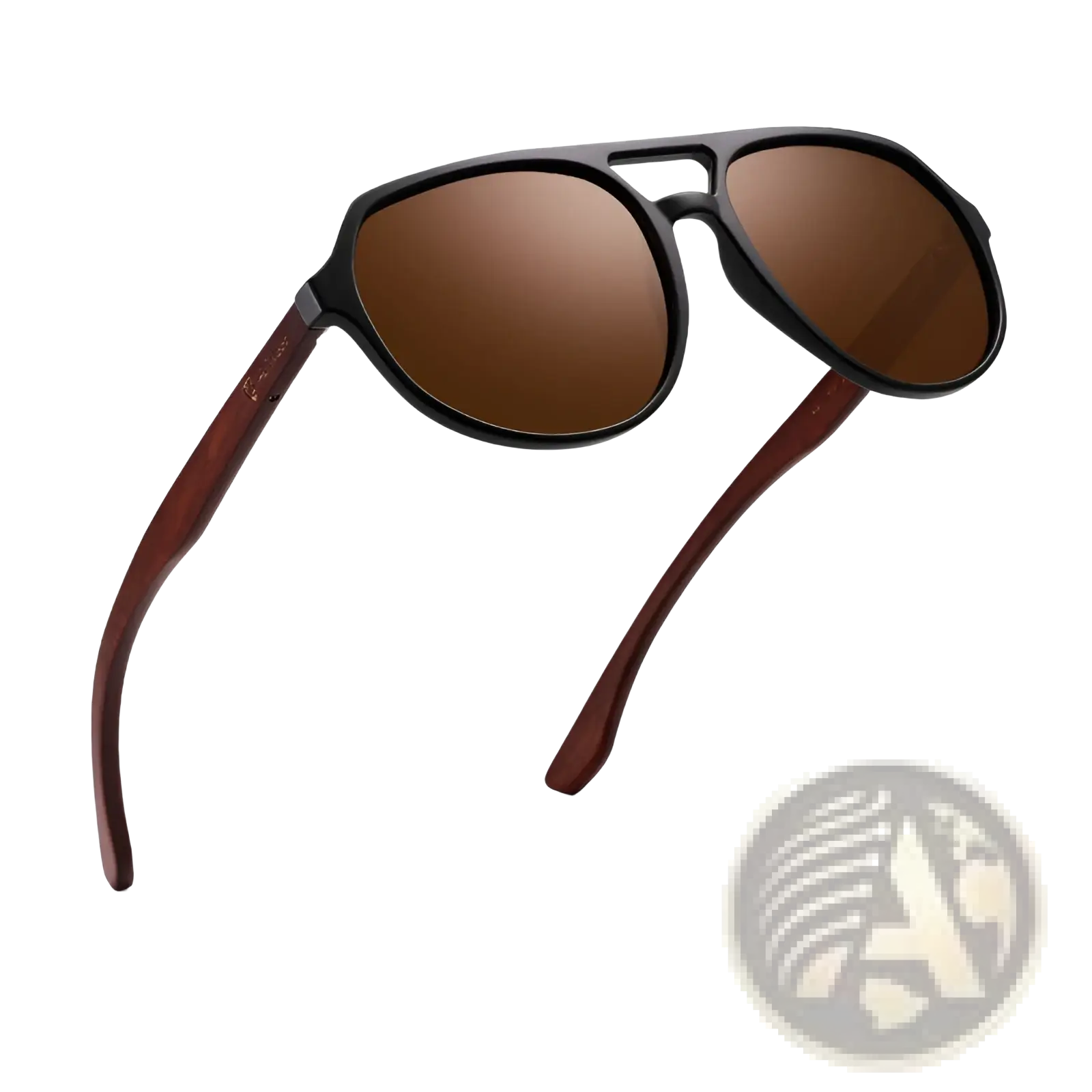 Black and brown aviator sunglasses with mirrored lenses and wood temples for stylish sun protection