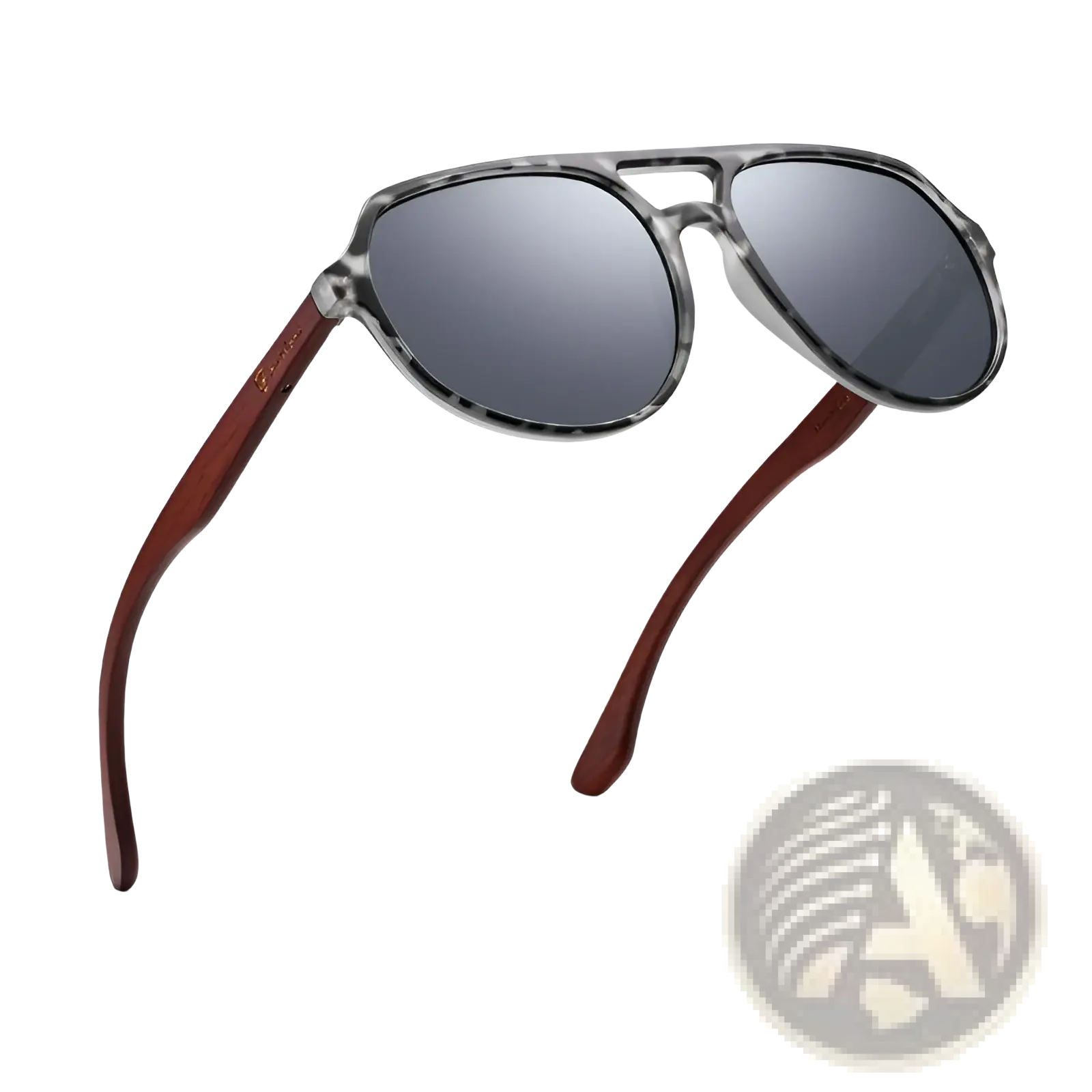 Mirror lens wood temple aviator sunglasses with tortoiseshell frames dark gray mirrored lenses and reddish brown arms