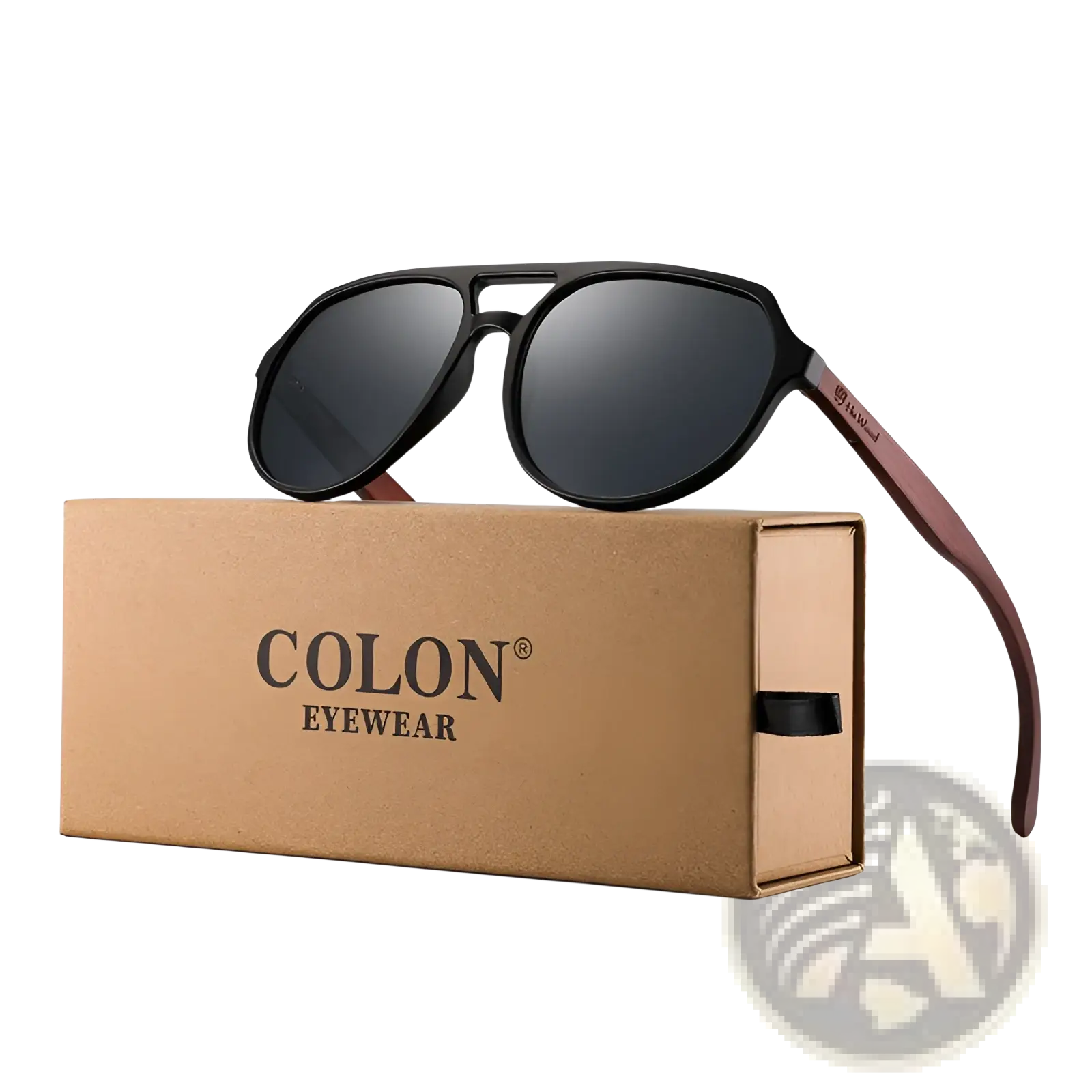 Black and brown wooden-framed aviator sunglasses with dark gray mirrored lenses mirror lens wood temple design