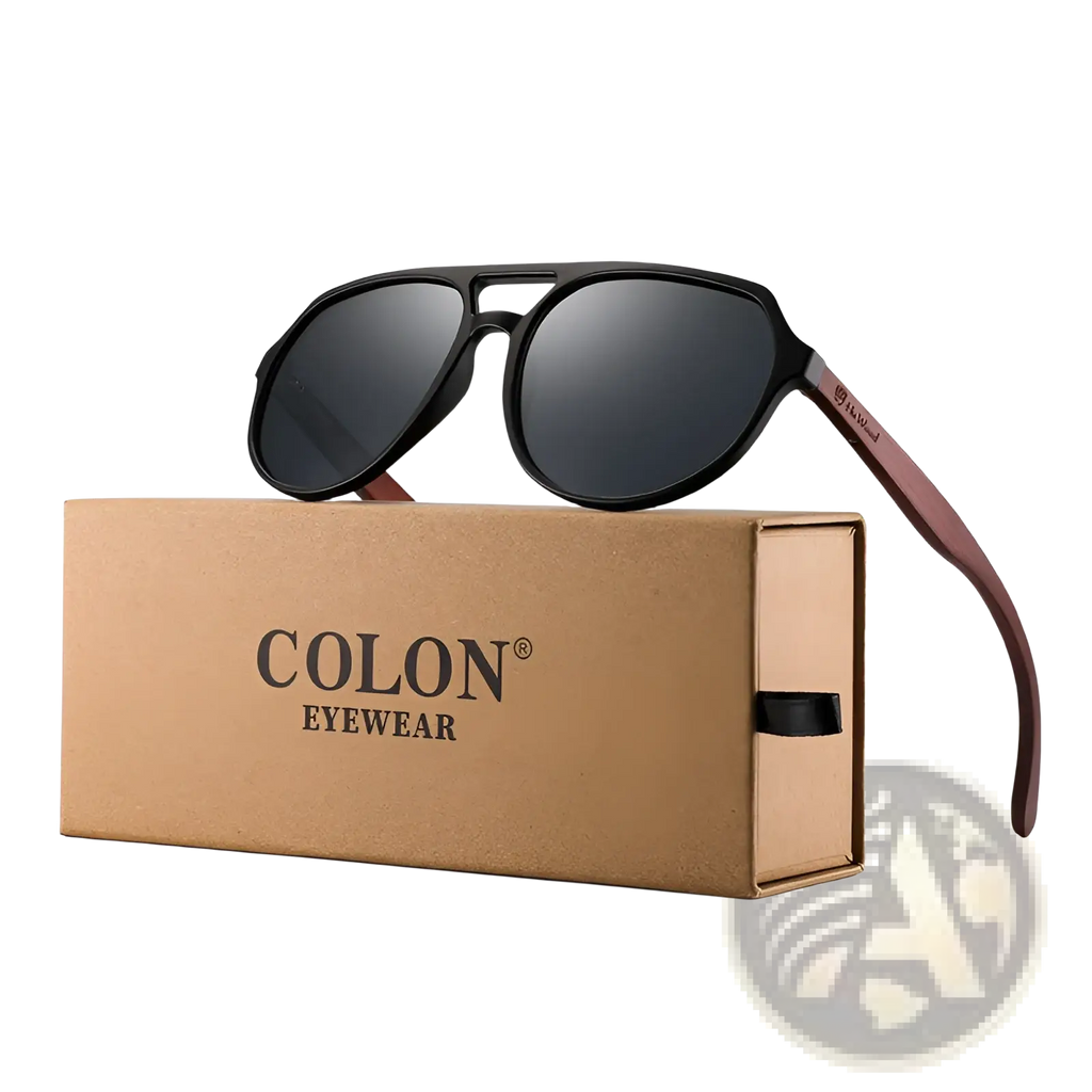 Black and brown wooden-framed aviator sunglasses with dark gray mirrored lenses mirror lens wood temple design