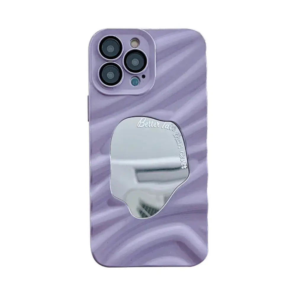 Back side of purple zebra-striped mirror water ripple reflective case for iphone 14 pro max with engraved phrase better late than never