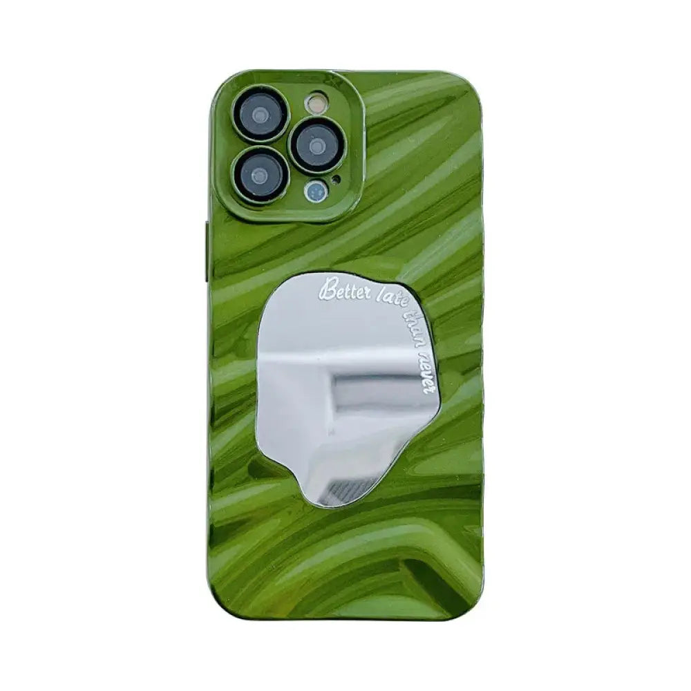 Back of green marbled mirror water ripple reflective case for iphone 14 pro max with better late than never inscription