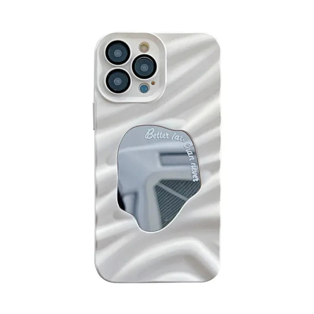 Back side of a sleek white iphone 14 pro max case with wavy texture and oval mirror reflecting better late than never