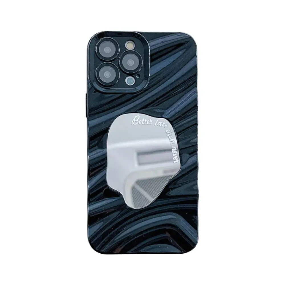 Back side of a black marble-patterned mirror water ripple reflective case for iphone 14 pro max with a silver pop socket better late than never