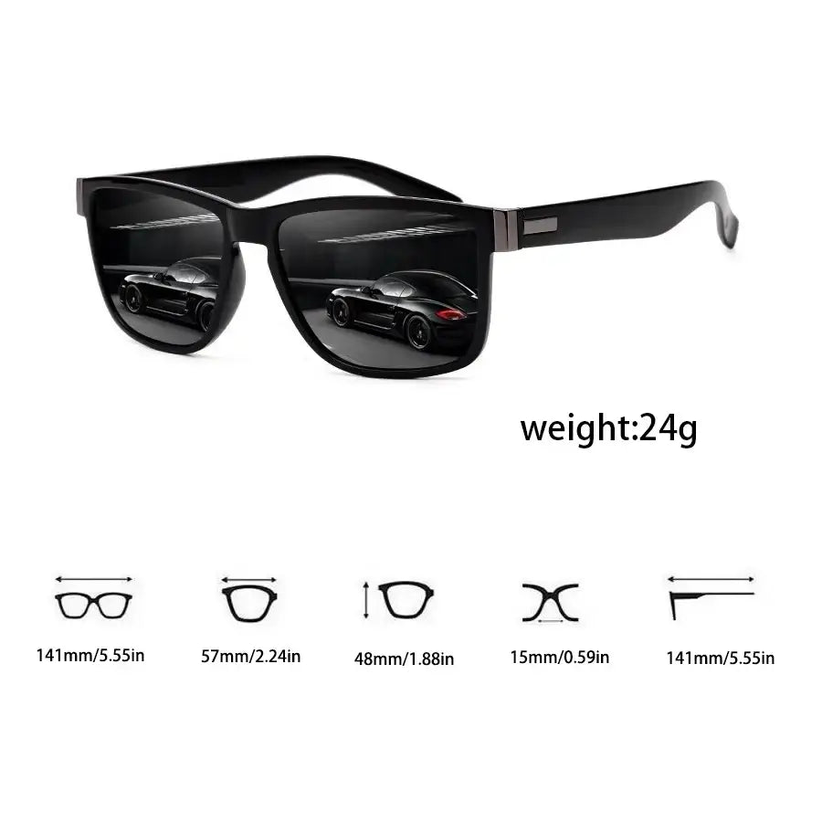 Black rectangular-framed mirrored square sunglasses with reflective lenses showing car reflection in a 3 pack