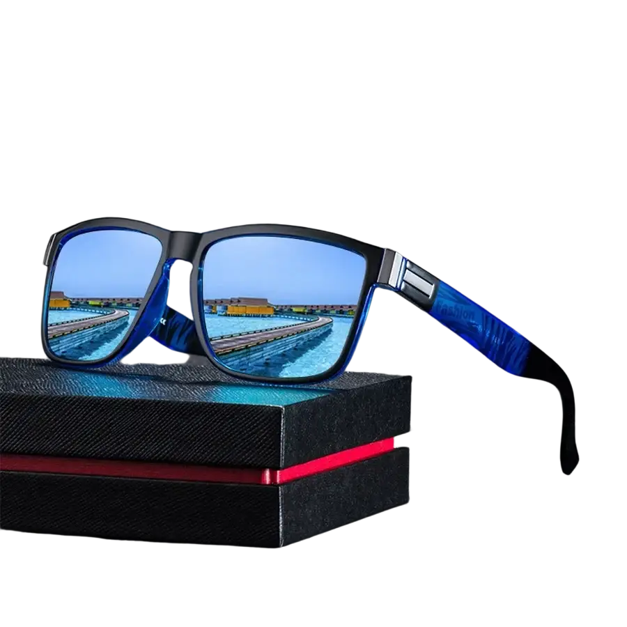 Mirrored square sunglasses 3 pack featuring blue mirrored lenses black frames and translucent blue temple arms on a box