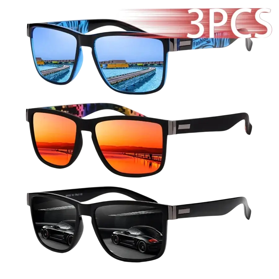 Set of three black-framed mirrored square sunglasses reflecting scenic and car imagery in lenses